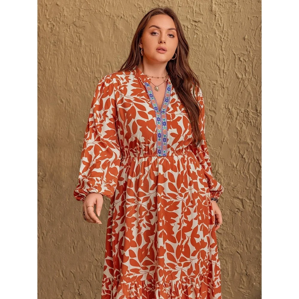Rustty Dusty Printed Notched Long Sleeve Maxi Dress Size 1XL - Picture 5 of 14